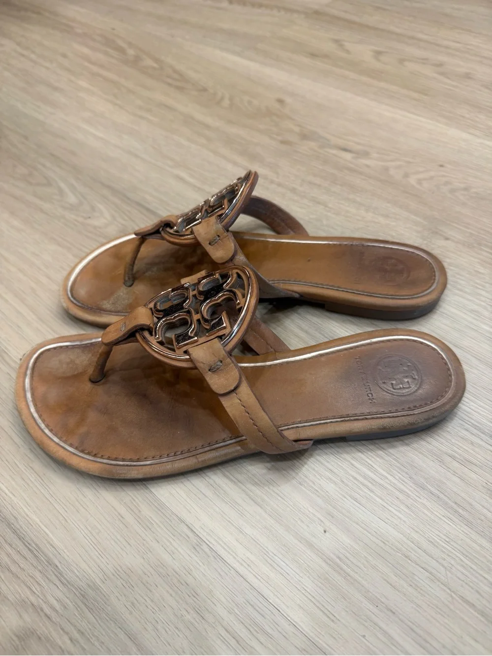 Tory Burch brown sandals with rose gold hardware